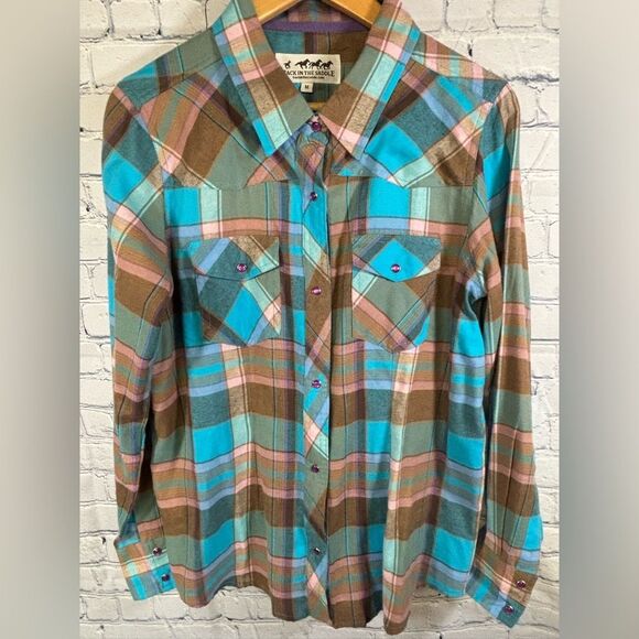 Back In The Saddle Teal Brown Purple Plaid Western Cowgirl Snap Button Shirt M - Picture 1 of 12